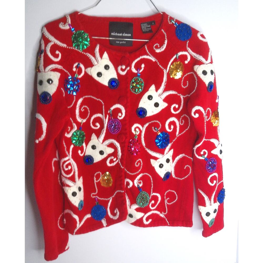 Vtg Michael Simon Red Reindeer Christmas Sweater Cardigan Beaded Wearable Art S - Picture 7 of 7